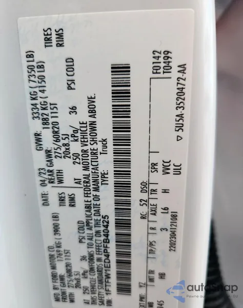 2023 Ford F150 Supercrew из США, поврежденный, VIN 1FTFW1ED4PFB40425